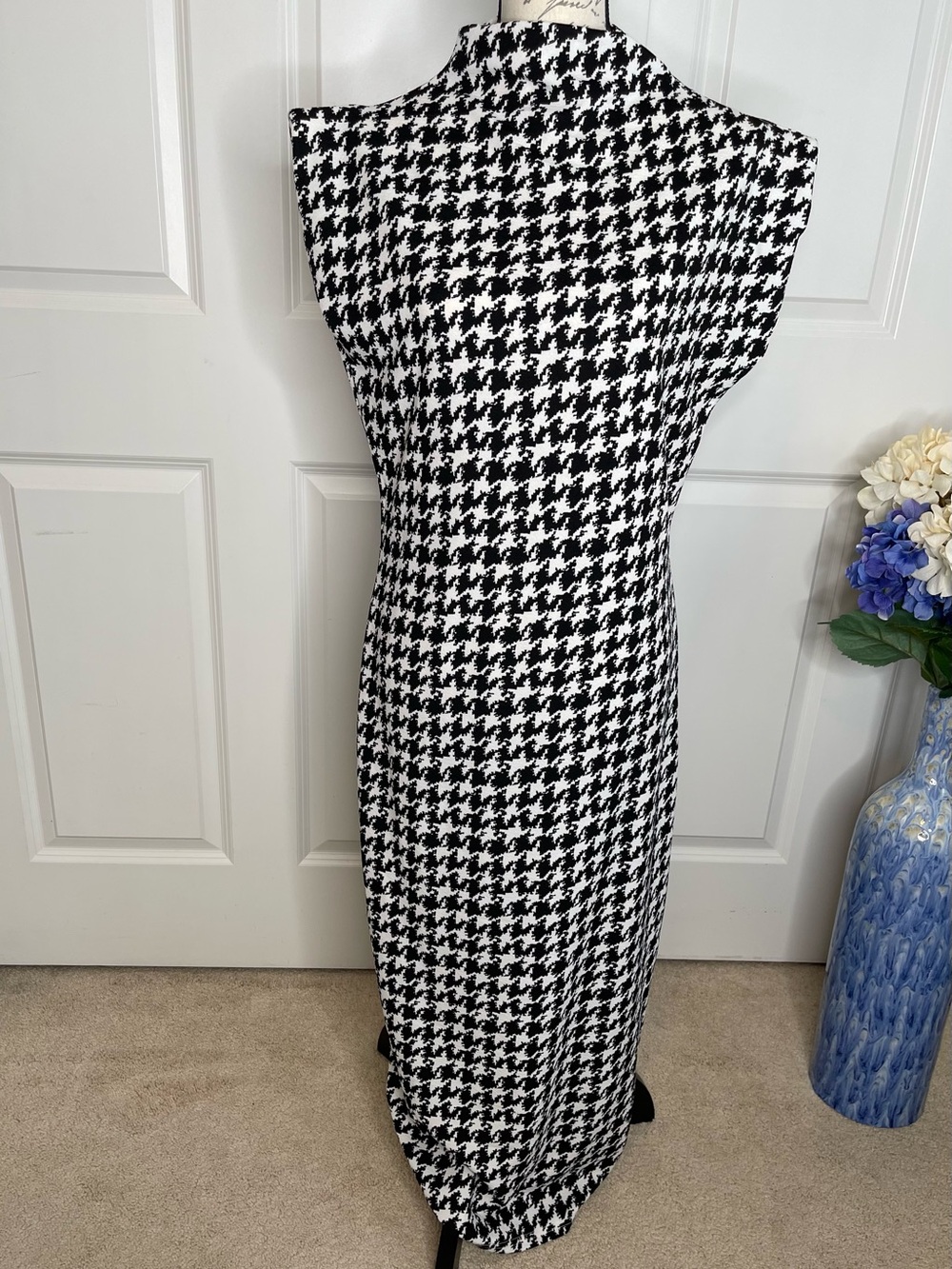 Houndstooth Bodycon Sleeveless Dress Black White Mock Turtleneck XL B10